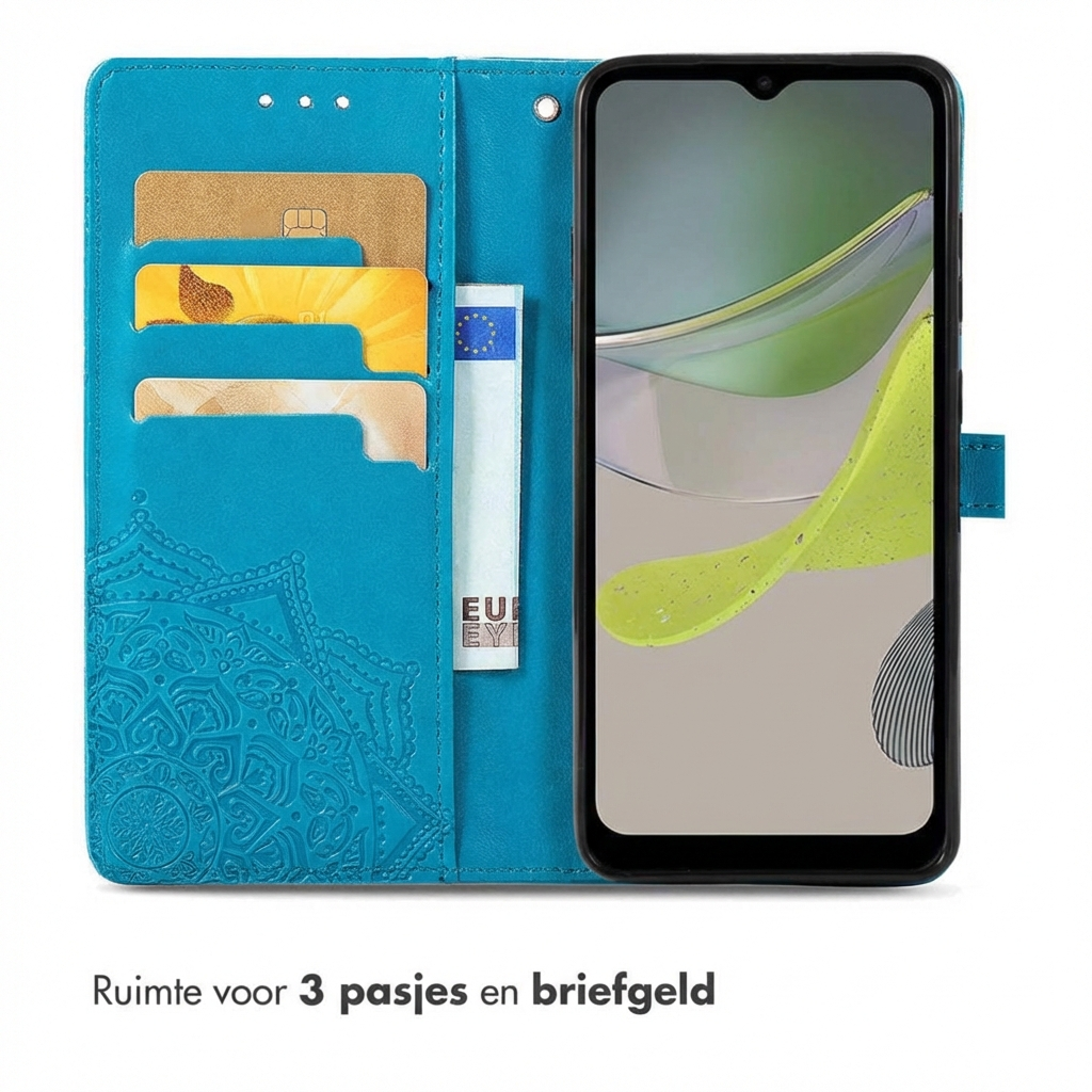 Blauw telefoonhoesje met kaarthouders en geldvak, mandala-reliëf.