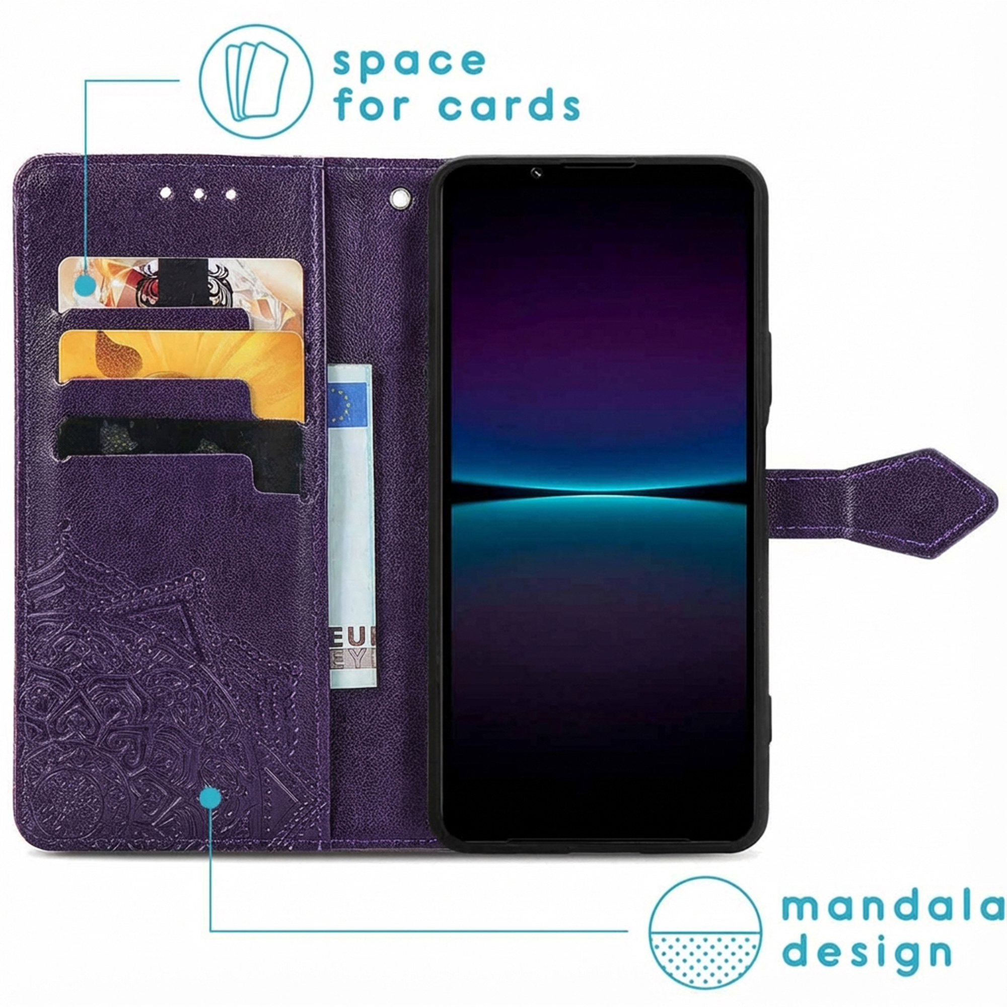 Étui violet pour téléphone avec fentes pour cartes et design mandala.