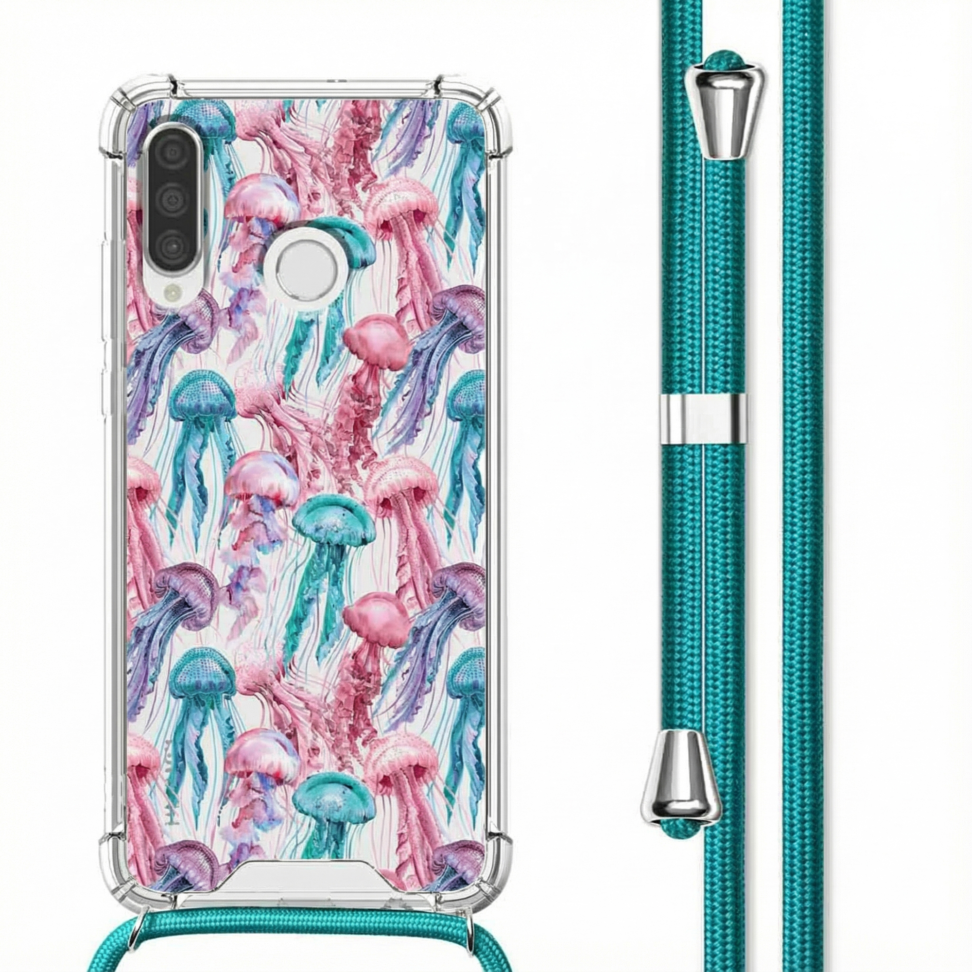Telefoonhoesje met roze en blauw kwallendessin, met koord.