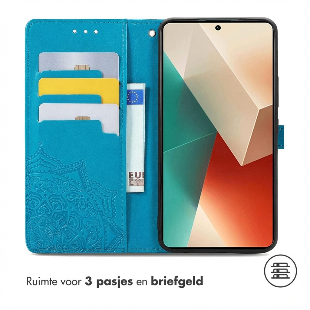 Een blauwe telefoonhoes met kaartsleuven en een smartphone.