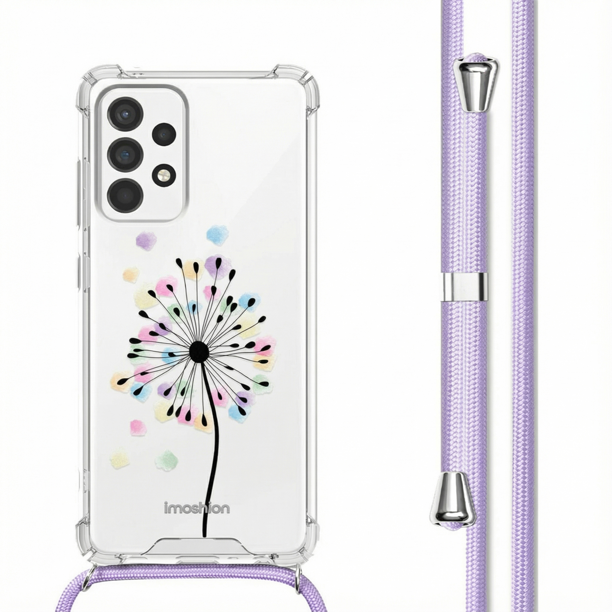 Coque de téléphone transparente avec motif pissenlit et cordon violet.