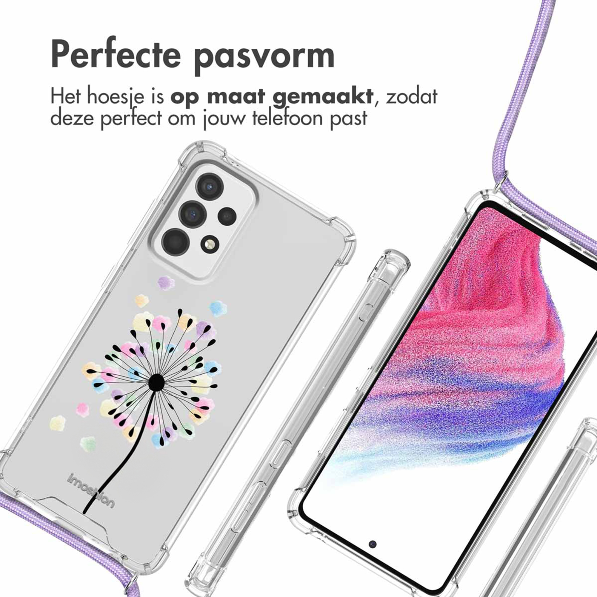 Coque de téléphone transparente avec motif pissenlit coloré et cordon.