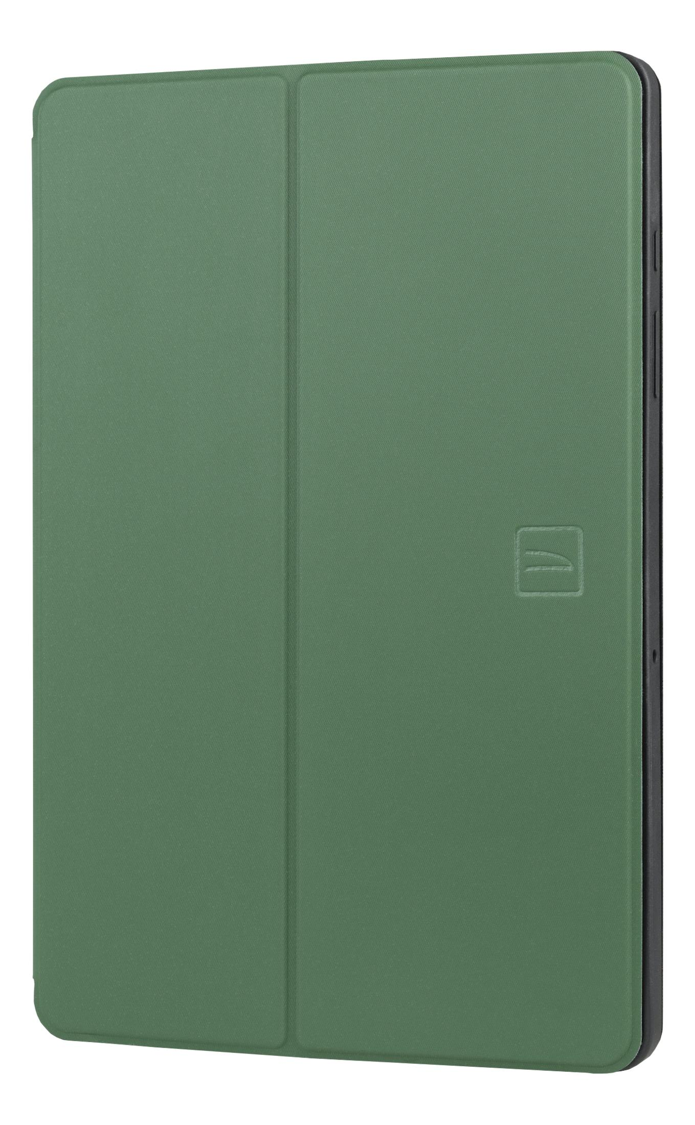 Grüne Tablet-Hülle mit Logo auf der Vorderseite.