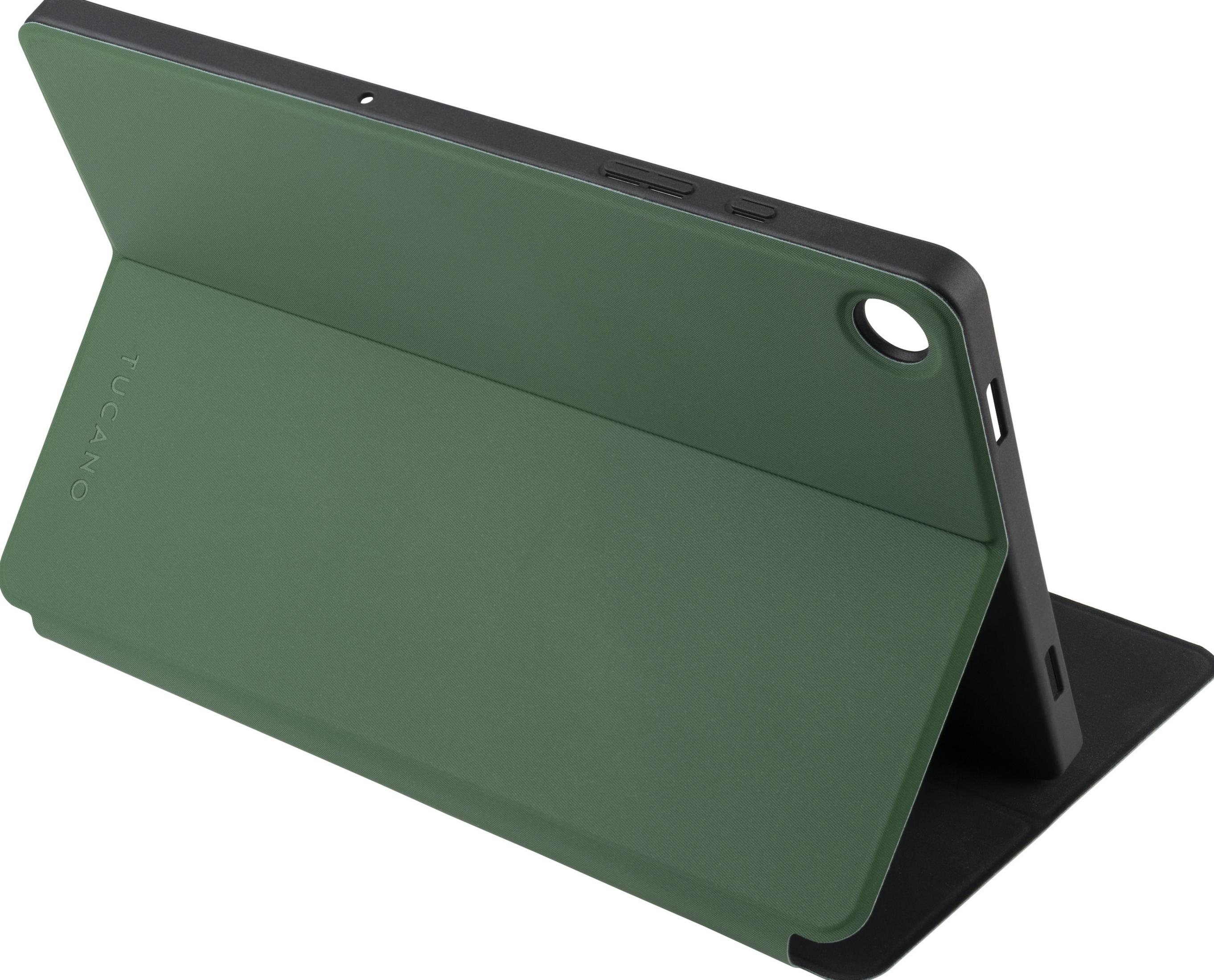 Grüne Tablet-Hülle mit Tucano-Logo, auf weißem Hintergrund.