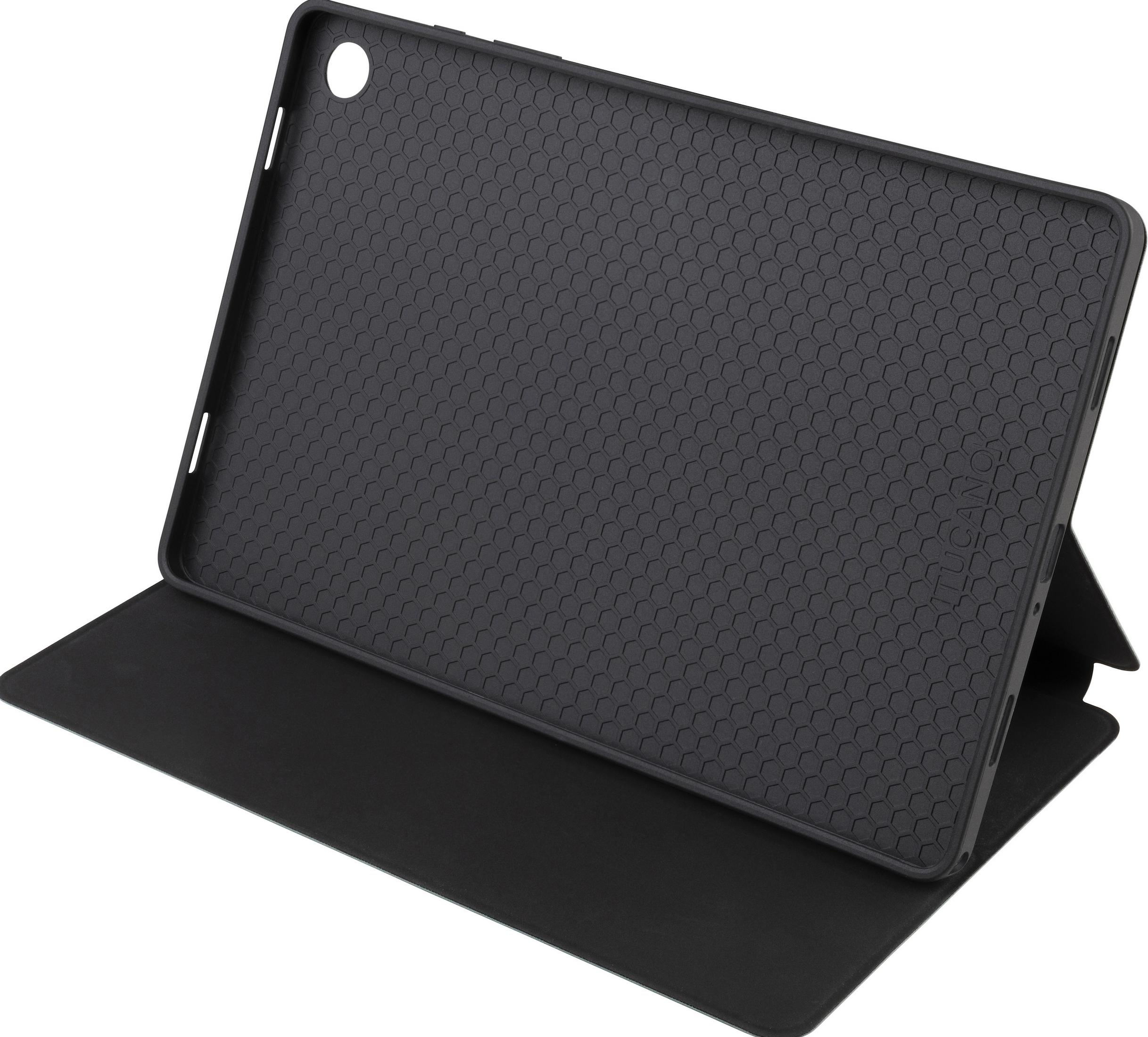 Schwarze Tablet-Hülle mit Wabenmuster, aufgestellt.