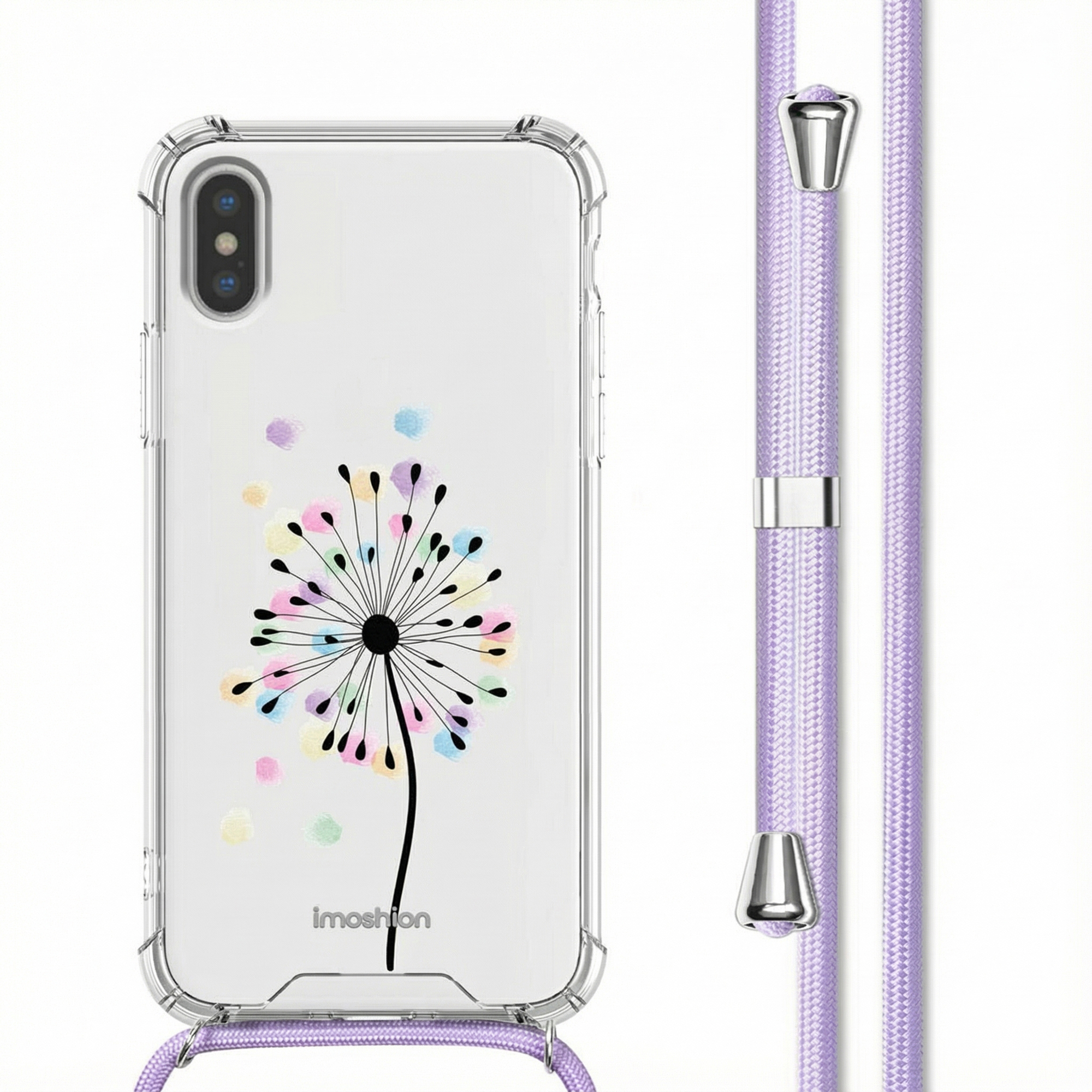 Transparante telefoonhoes met kleurrijk paardenbloemmotief en paars koord.
