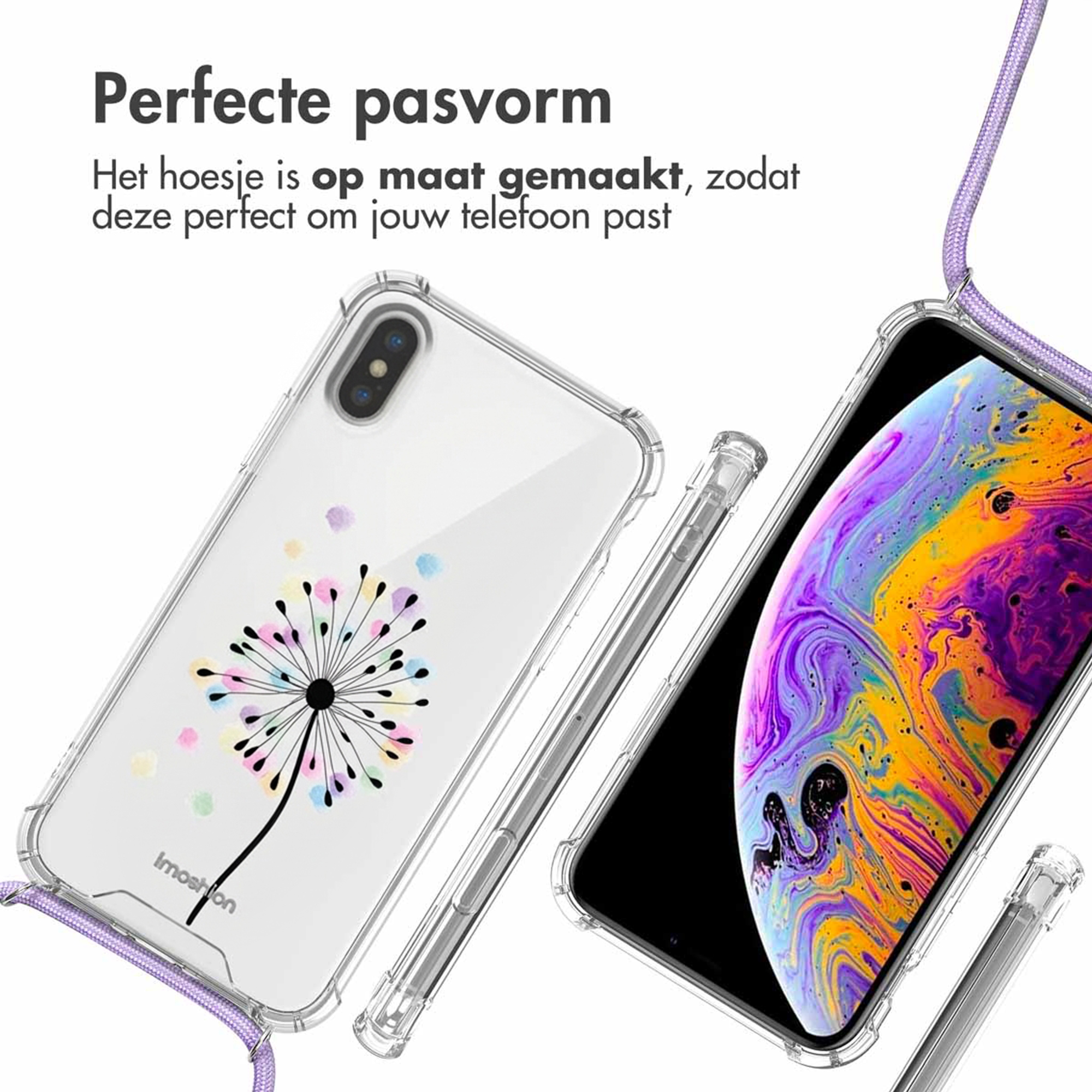 Transparante telefoonhoes met paardenbloemprint en koord. Scherm toont kleurengradiënt.