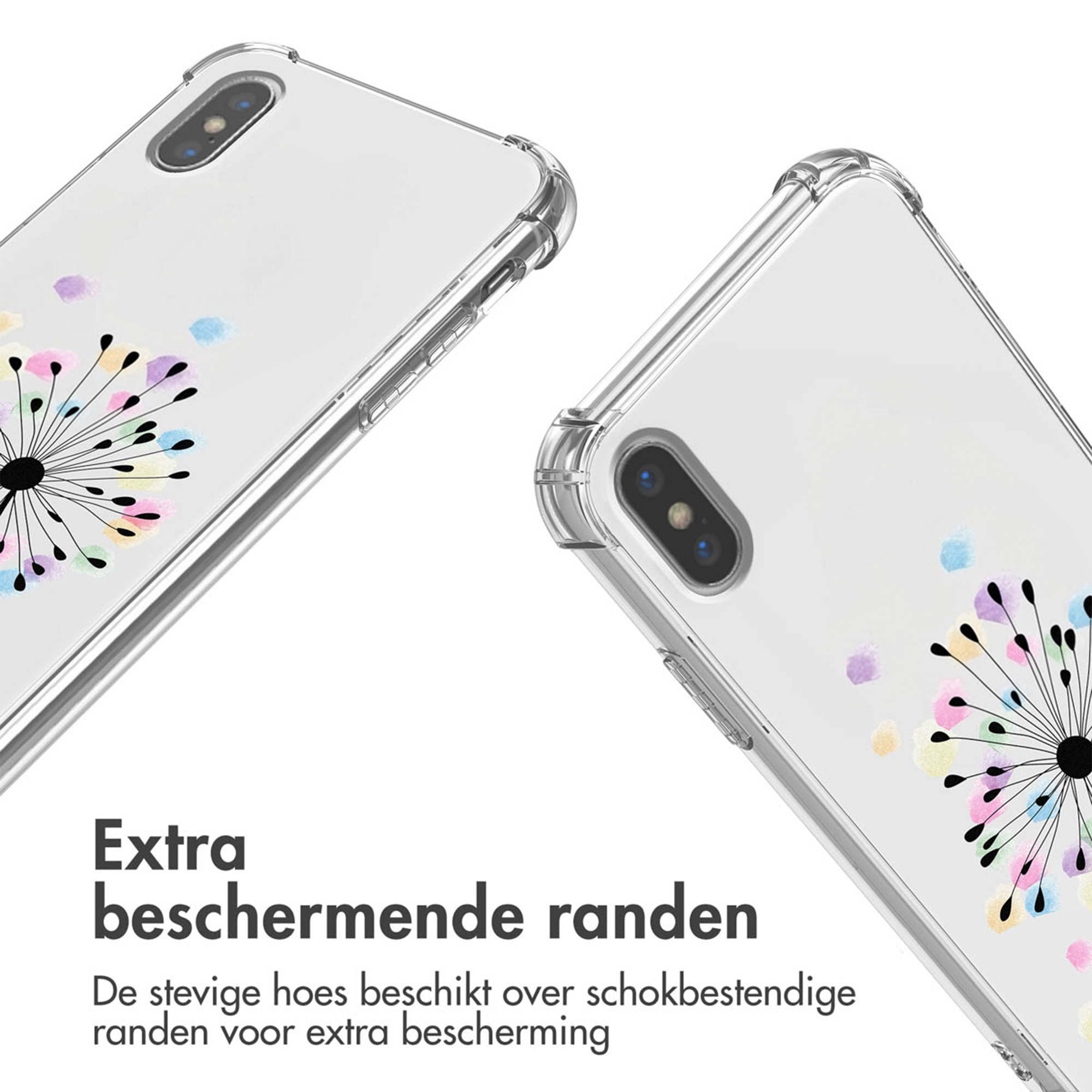 Doorzichtige telefoonhoes met paardenbloemmotief en kleurrijke stippen.
