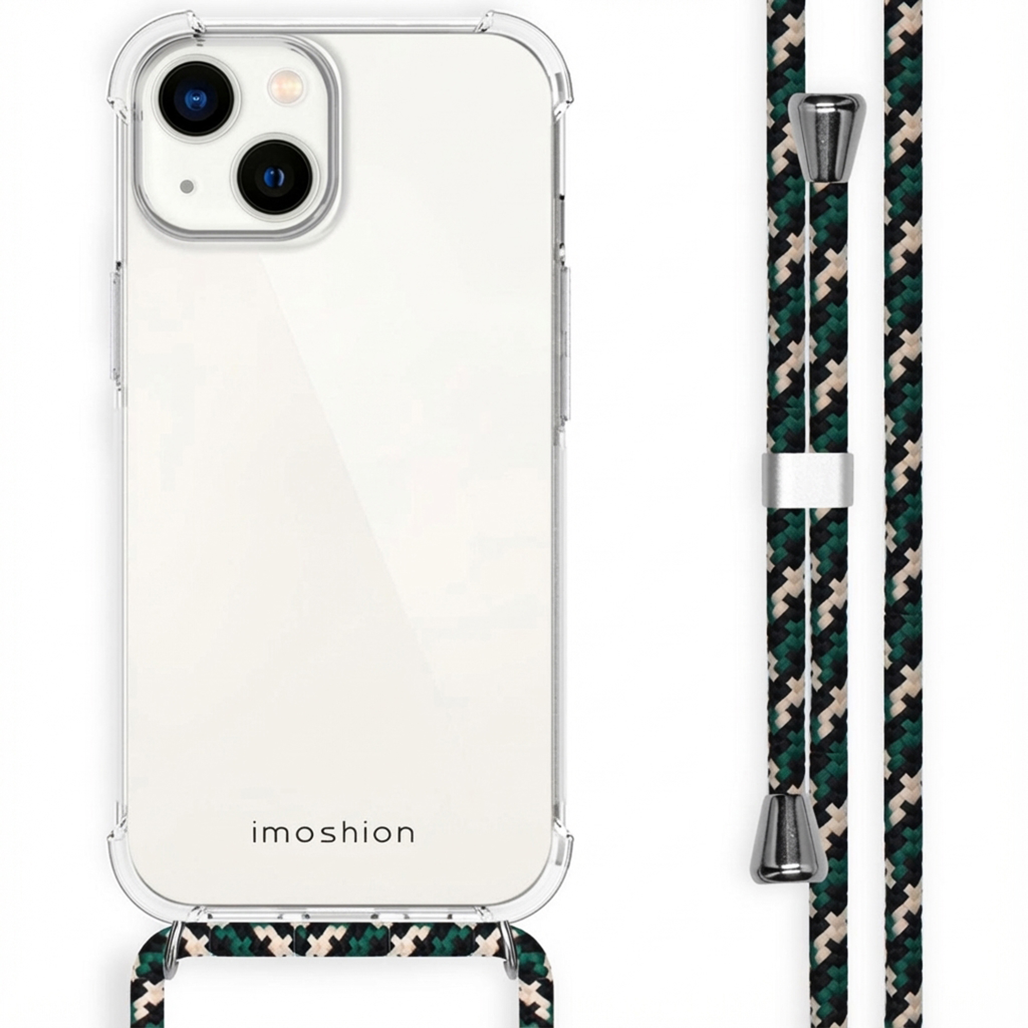 Doorzichtige telefoonhoes met gevlochten koord in zwart, groen en beige. Met metalen accenten.