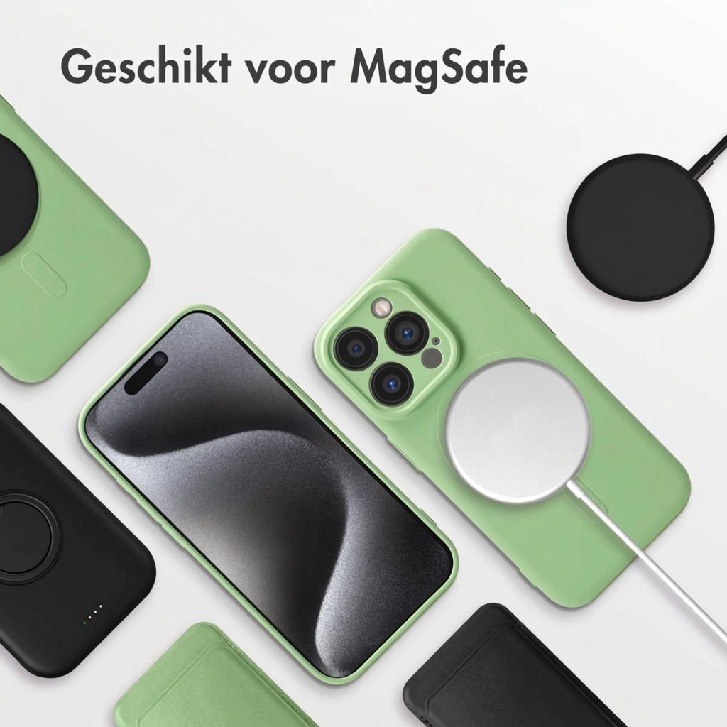 Groene en zwarte telefoonhoesjes met MagSafe lader en iPhone.