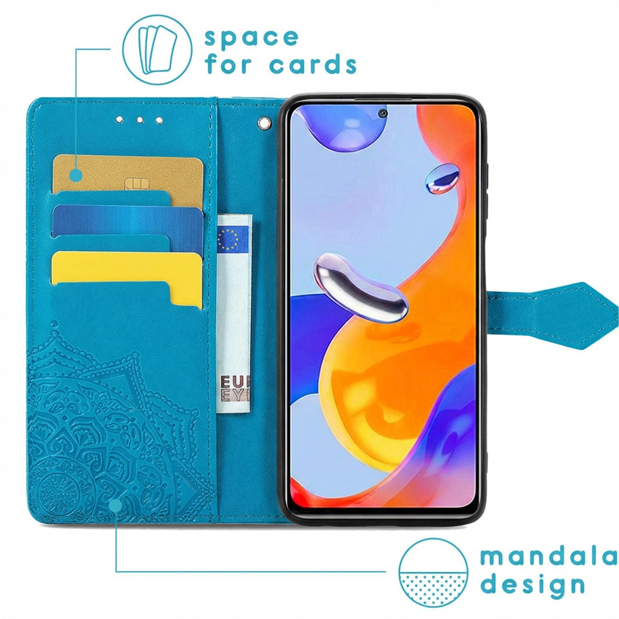 Turquoise telefoonhoesje met kaartsleuven, mandala-ontwerp en telefoonscherm.