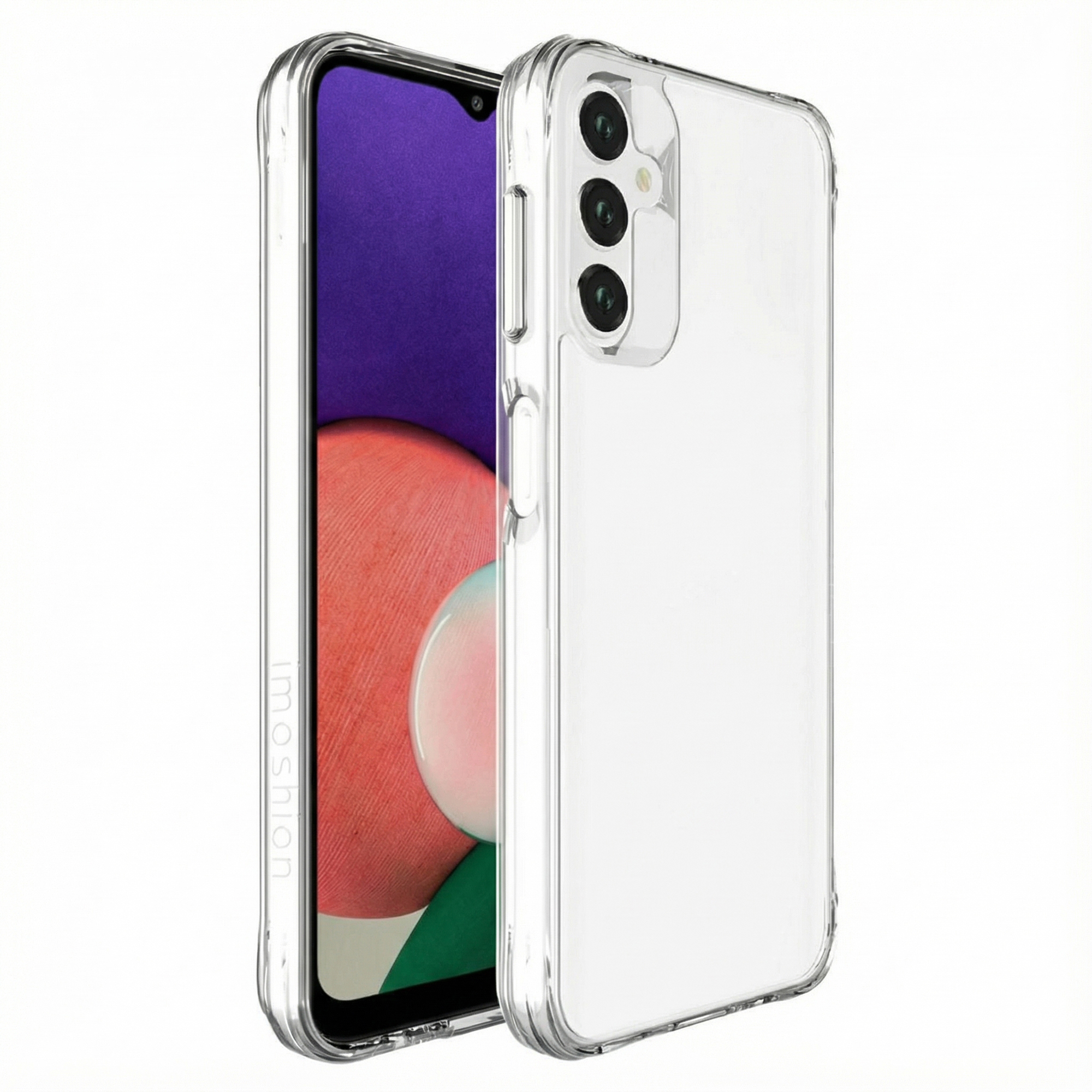 Doorzichtige telefoonhoes mock-up, toont één kant van een smartphone met paarse achtergrond.