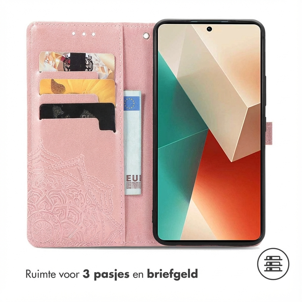 Roze telefoonhoes met kaarthouders en geldvak. Telefoonscherm toont abstract ontwerp.