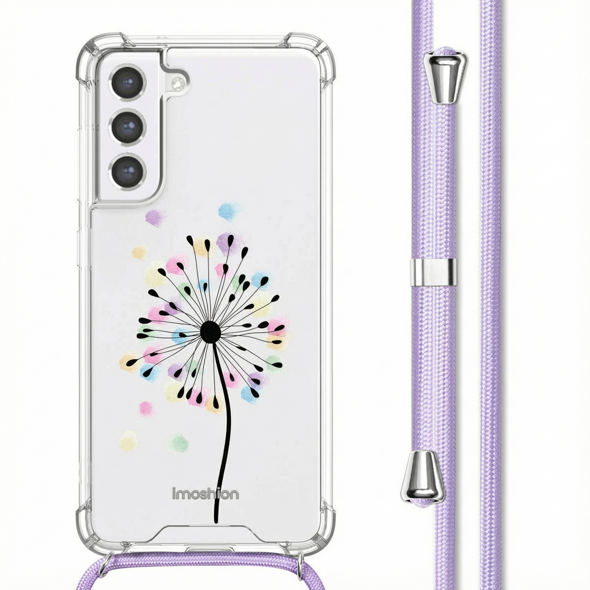 Coque transparente avec motif pissenlit coloré et cordon violet.