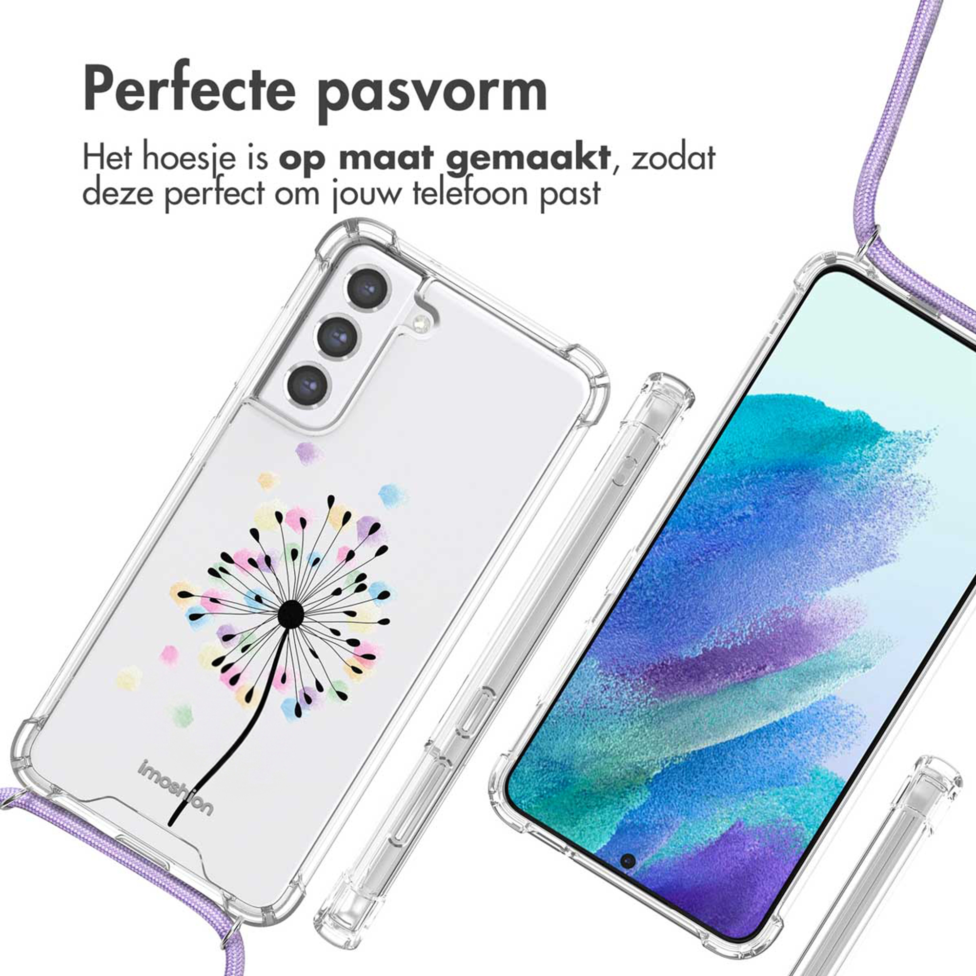Coque de téléphone transparente avec motif pissenlit coloré et lanière violette.