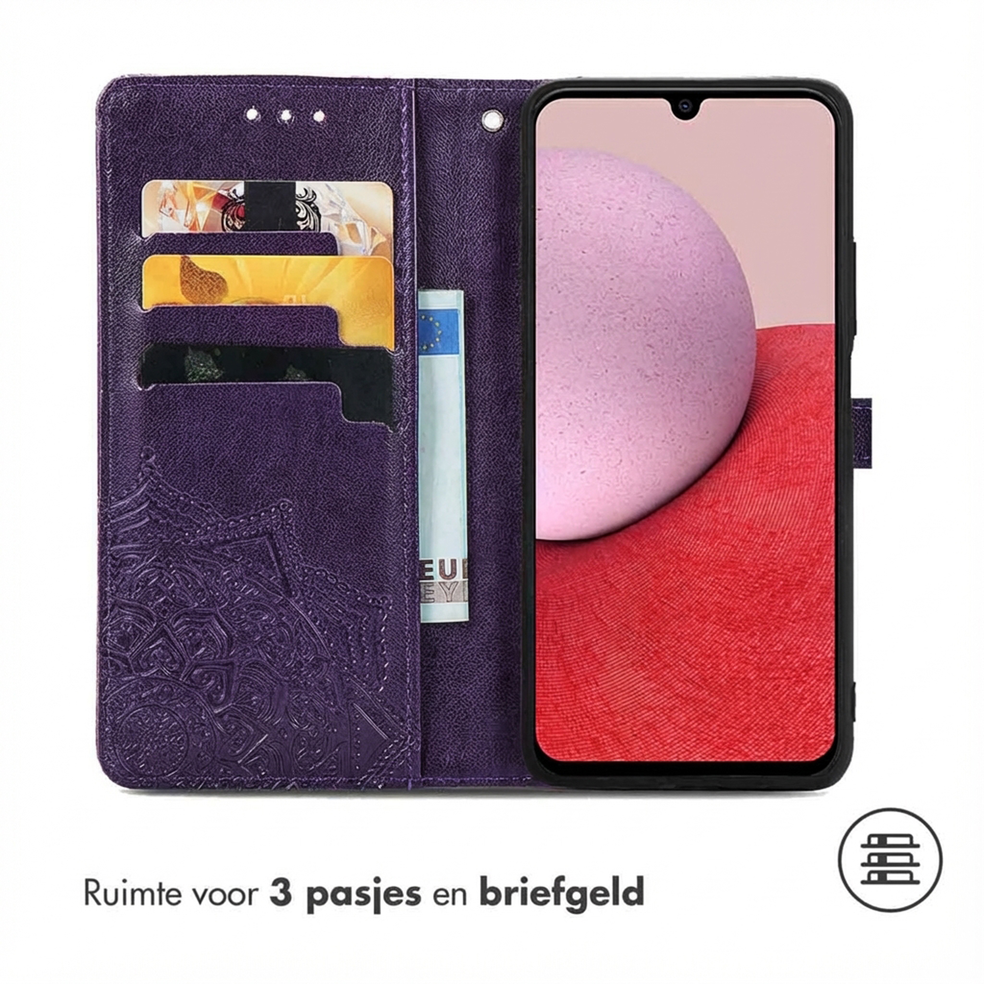 Paarse telefoonhoes met kaarthouders en geldvak, open.