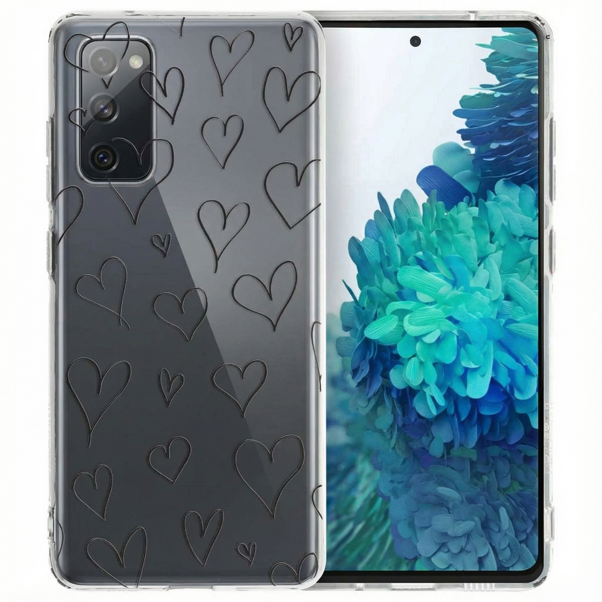 Custodia trasparente per telefono con cuori neri e uno smartphone con sfondo blu-verde.