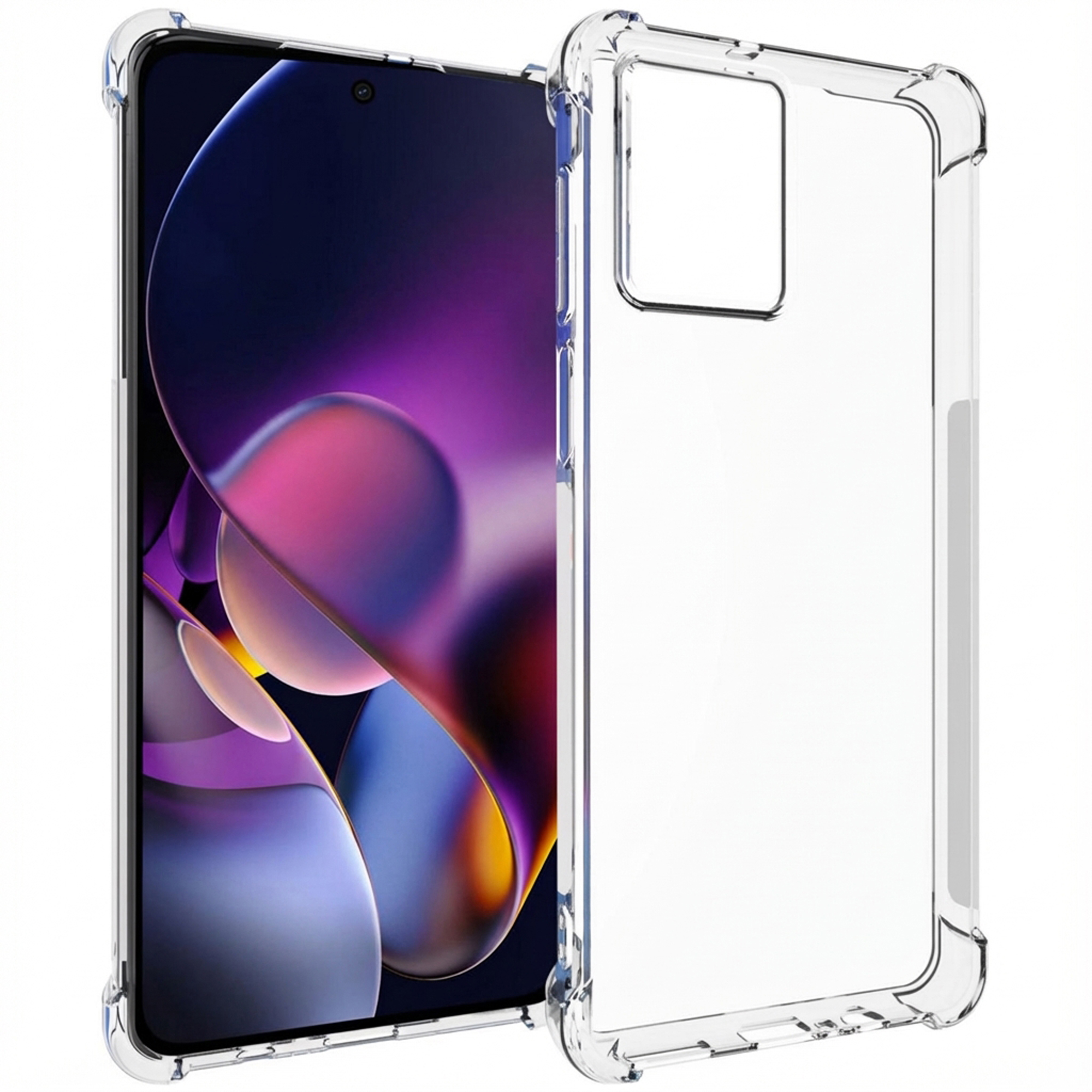 Una custodia trasparente per telefono giace accanto a uno smartphone con sfondo viola.