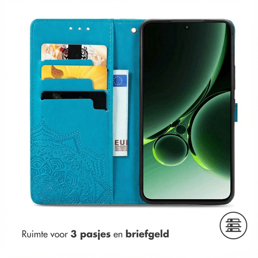Een blauw flip telefoonhoesje met kaarthouders en een bankbiljet.