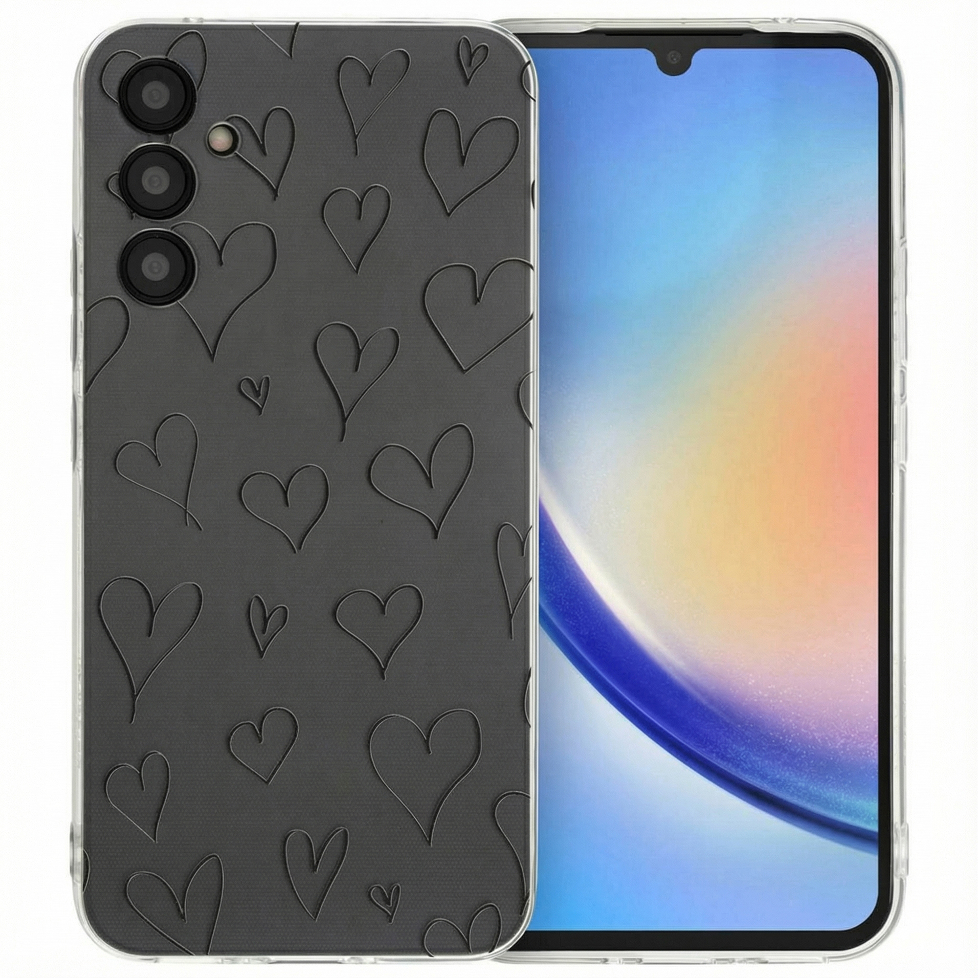 Une coque de téléphone foncée à motif de cœurs et un smartphone avec dégradé.