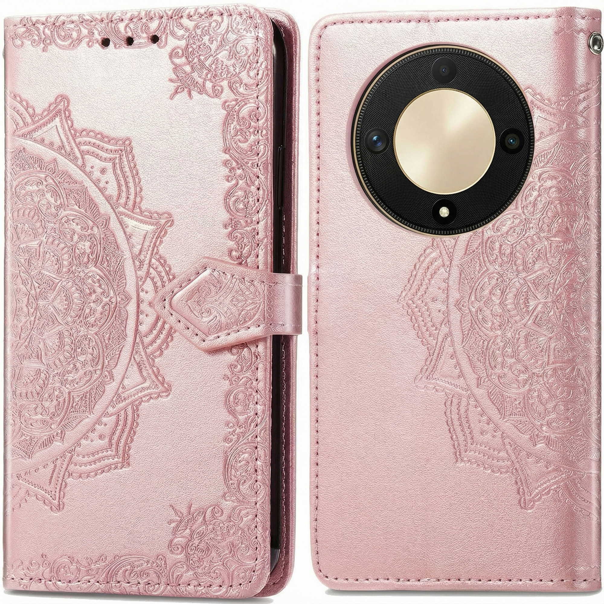 Een roze telefoonhoesje met een mandala patroon en camera-uitsparing.