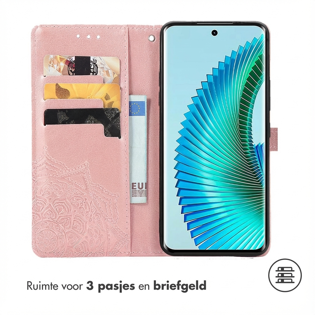Een roze telefoonhoesje met kaartsleuven, een eurobiljet en een smartphone met groenblauwe achtergrond.