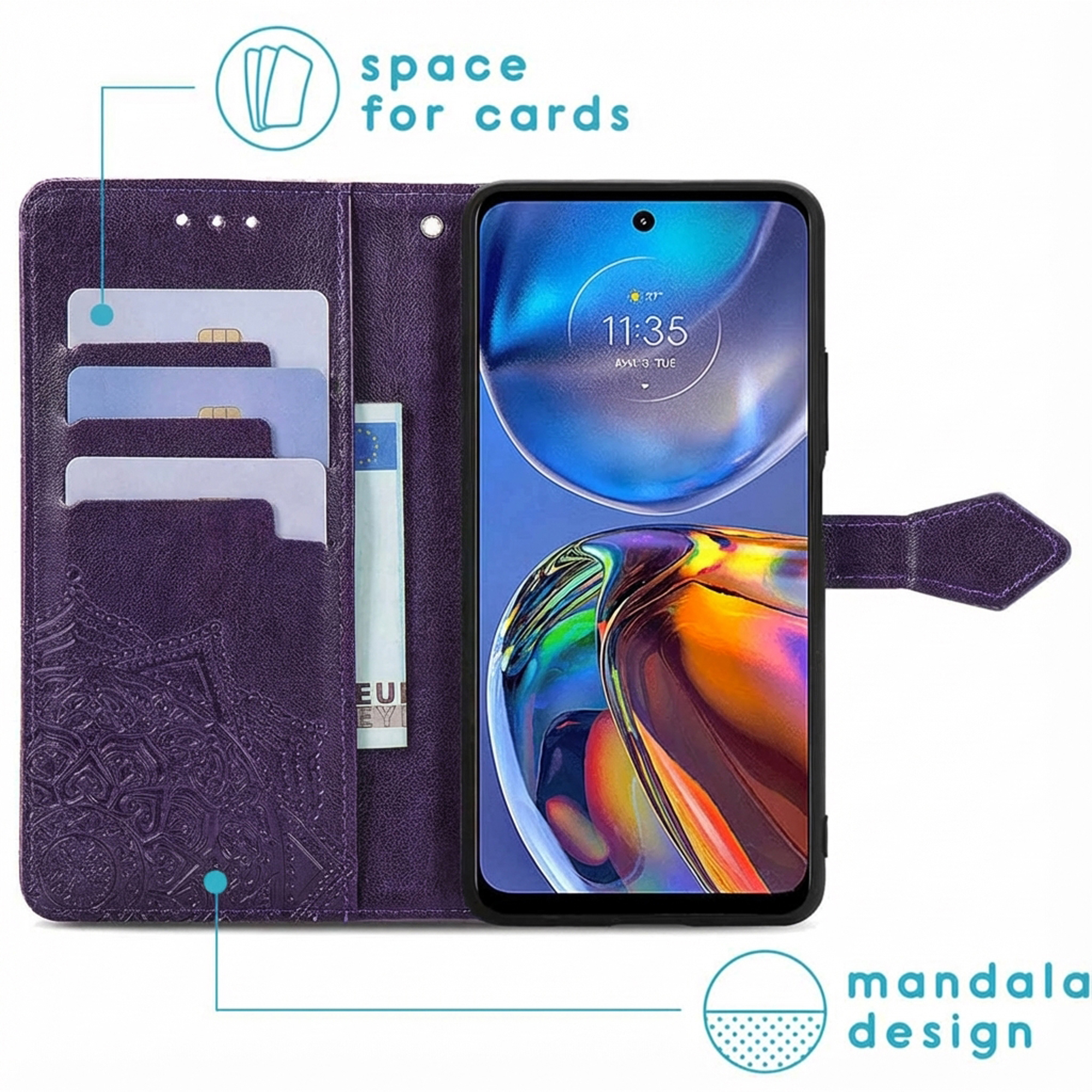 Étui violet pour téléphone avec fentes pour cartes et motif mandala.