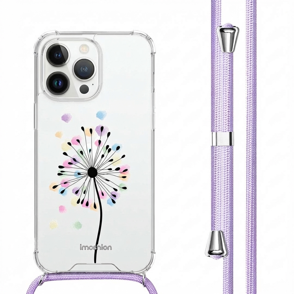 Coque transparente avec motif pissenlit et cordon violet.
