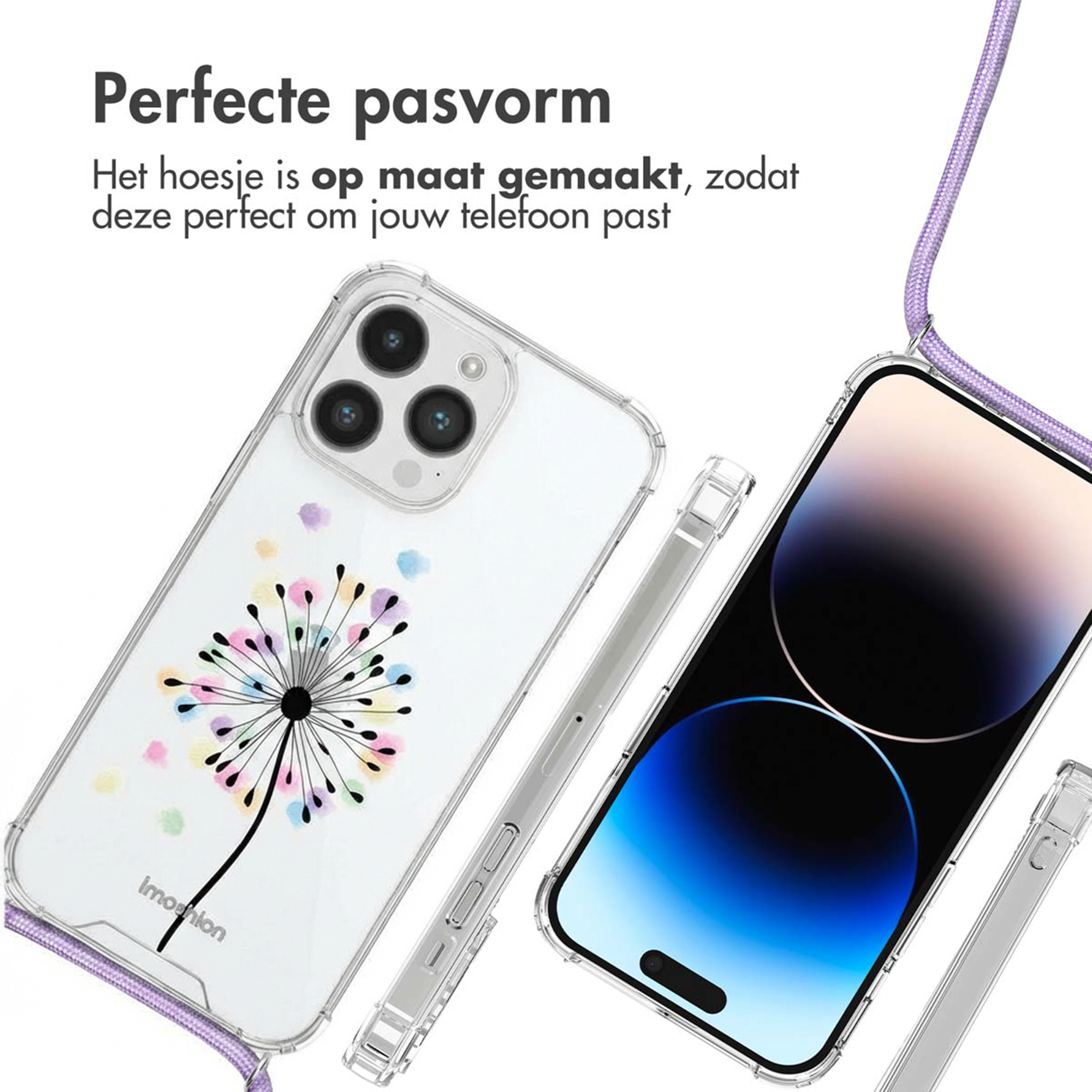 Coque de téléphone transparente avec motif pissenlit et lanière violette.