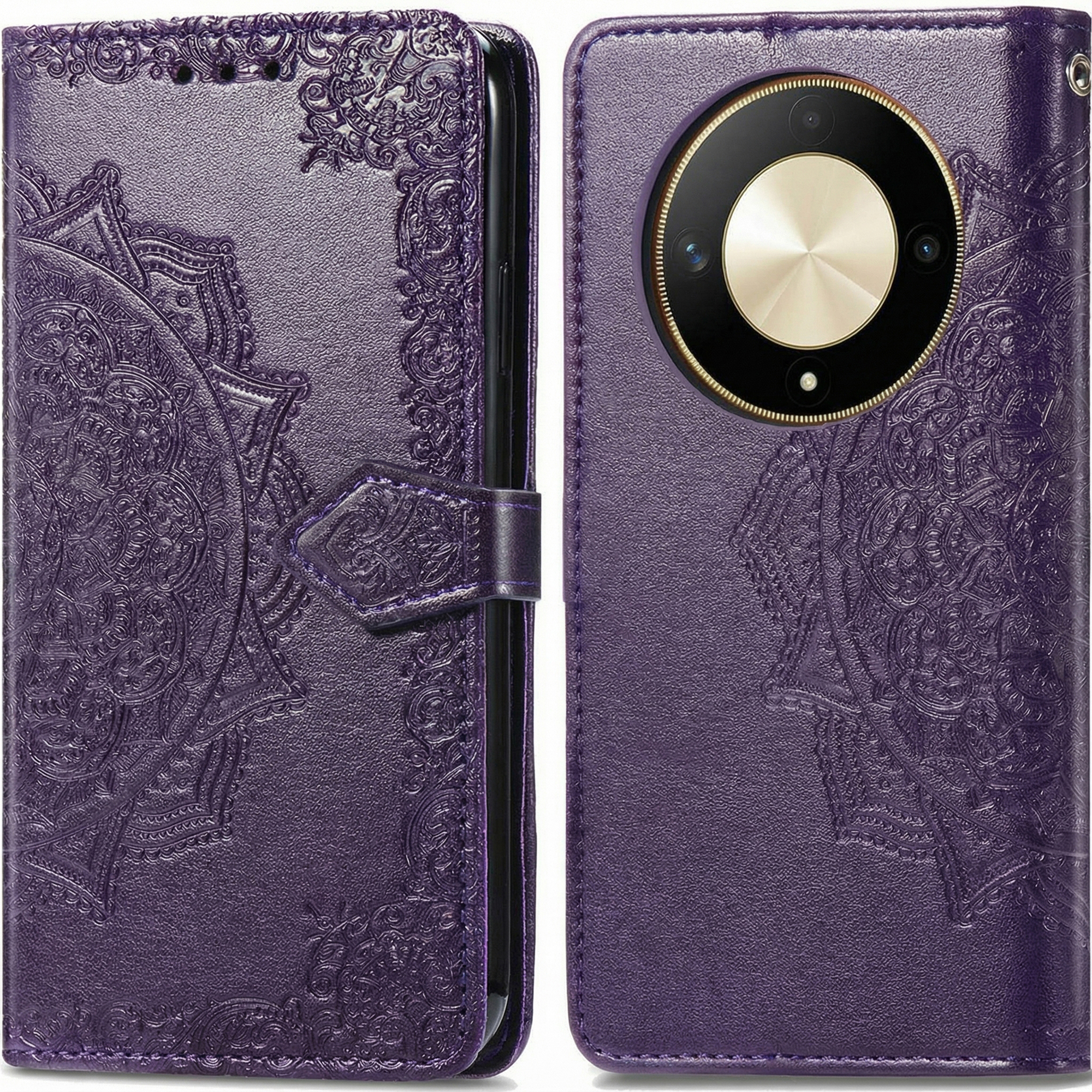 Étui de téléphone violet avec motif mandala en relief et insert caméra.