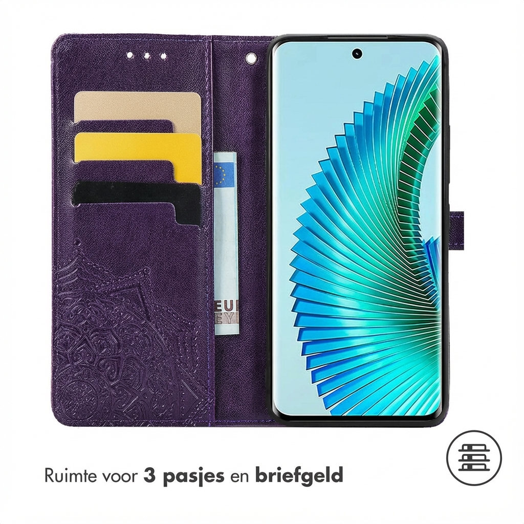 Étui de téléphone violet avec fentes pour cartes et poche à billets.