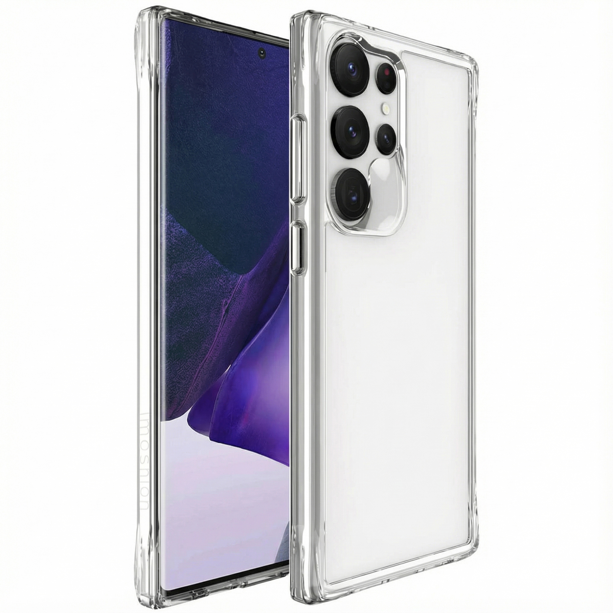 Een doorzichtige telefoonhoes met een smartphone met paars scherm.
