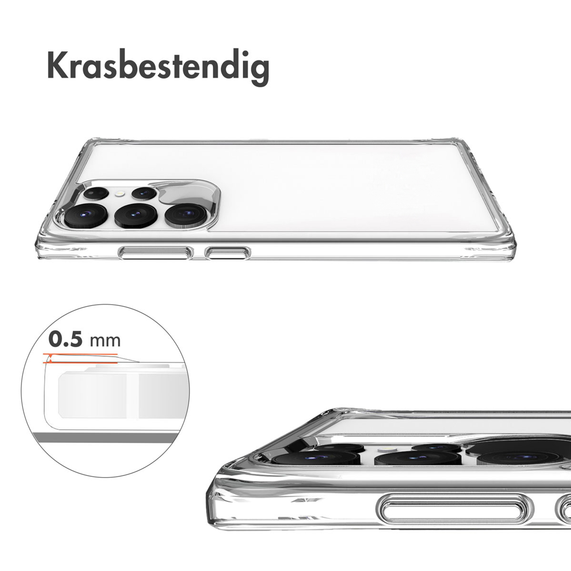 Doorzichtige telefoonhoes met camera-array en 0,5 mm dikte.