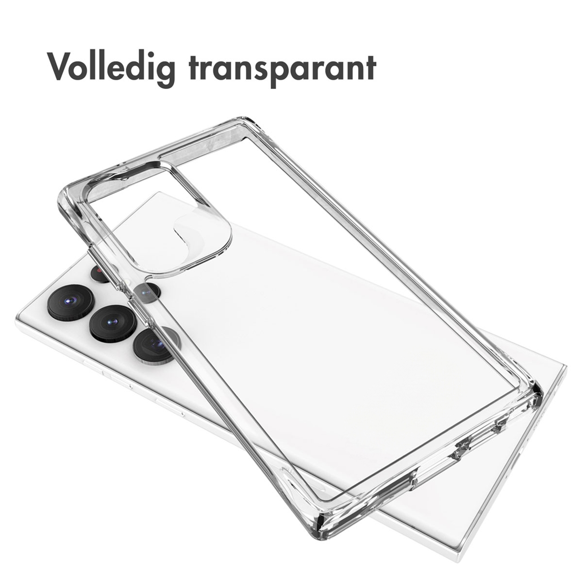 Doorzichtige telefoonhoes over een witte smartphone met drie cameralenzen.