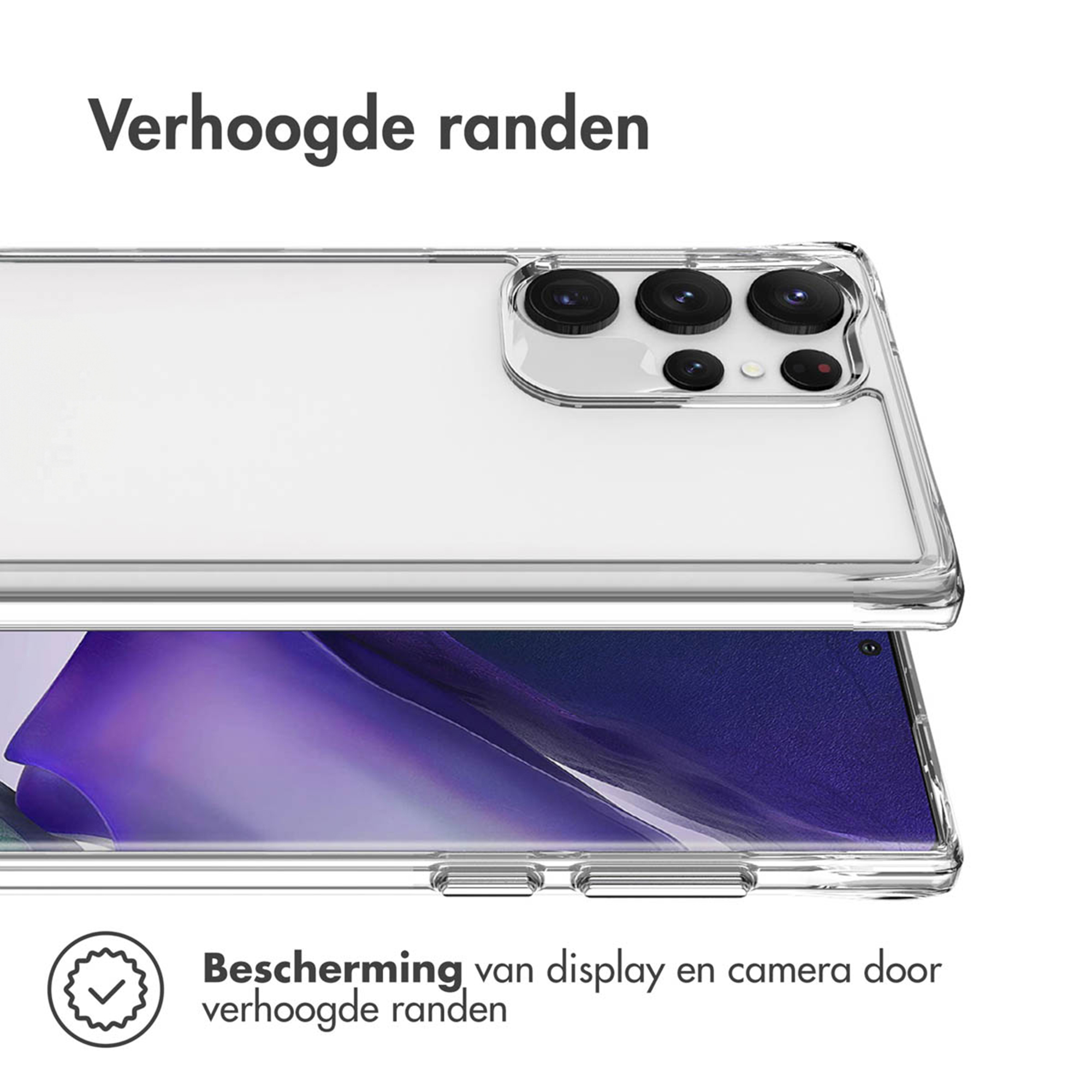 Doorzichtige telefoonhoes met verhoogde randen voor camera en display.