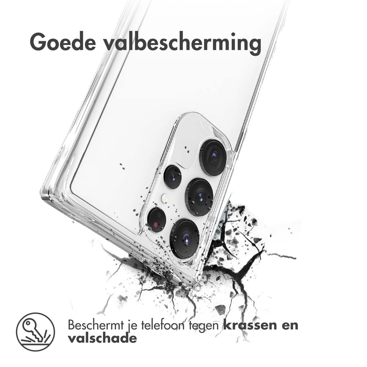 Een doorzichtige telefoonhoes beschermt een telefoon tegen vallen.