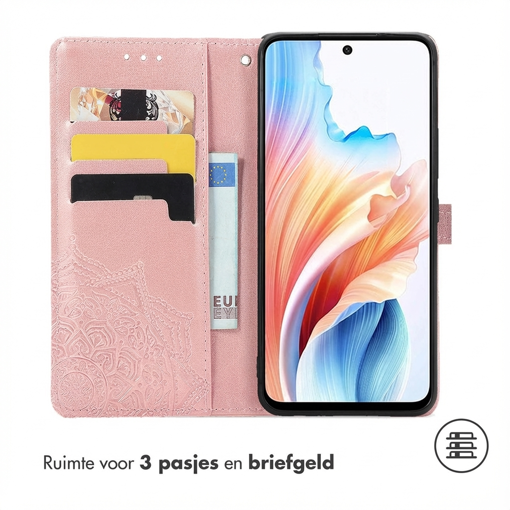 Ein rosa Handyhülle mit Kartenfächern und einer Euro-Note.