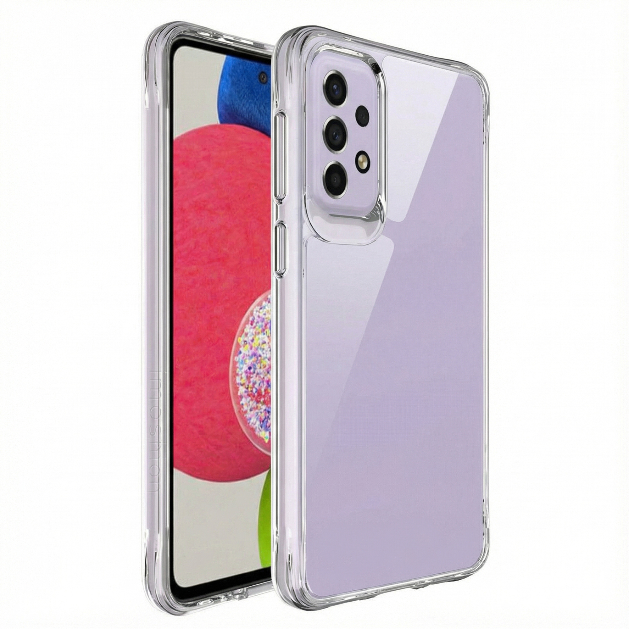 Een doorzichtige telefoonhoes met een paarse tint op de telefoon. Camerlenzen zijn zichtbaar.