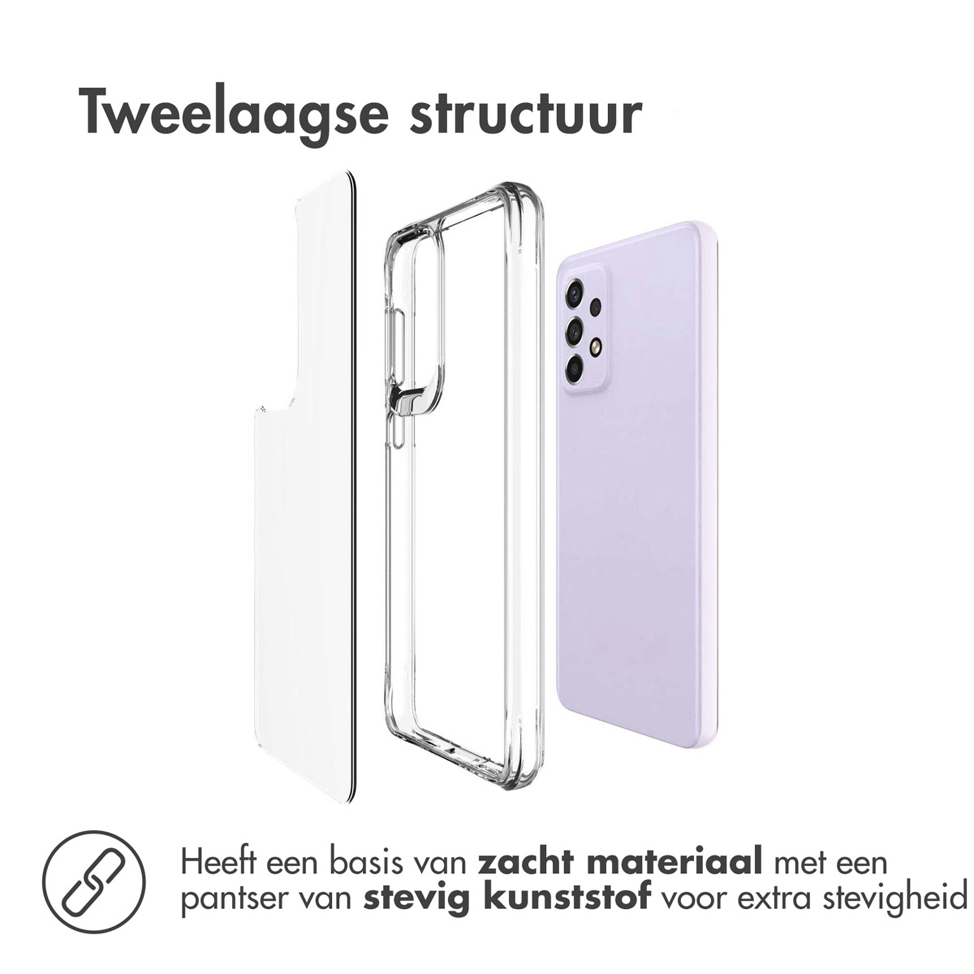 Tweelaagse structuur: doorzichtige hoes op een lichtpaars telefoon.