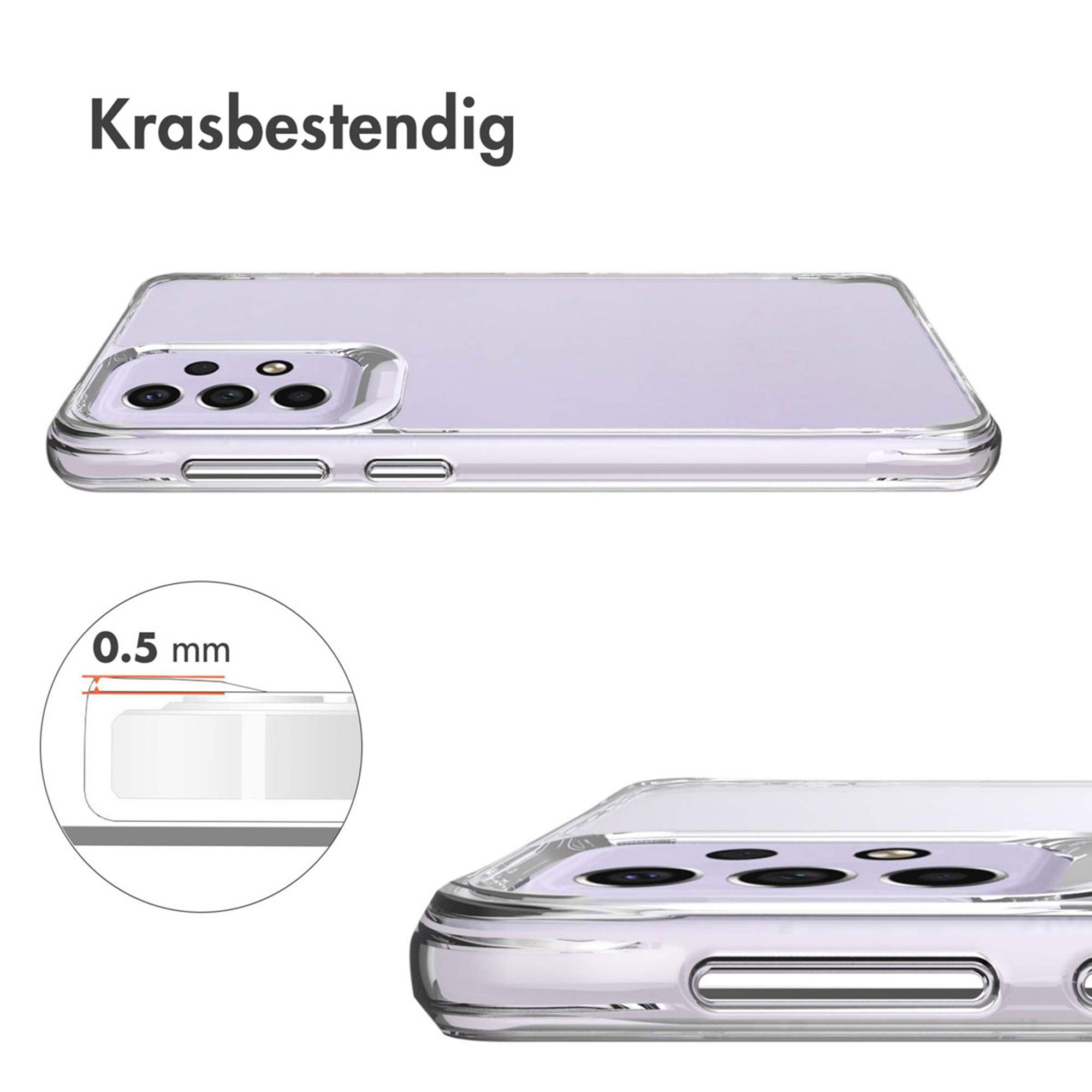Doorzichtige telefoonhoes toont 0,5 mm dikte en camera-uitsparing.