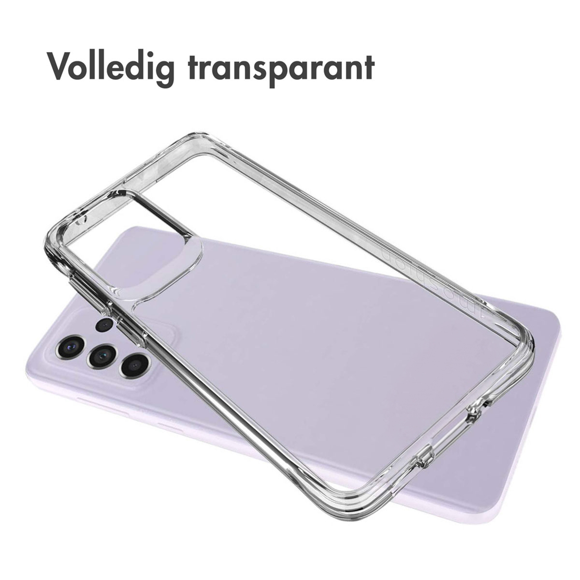 Een transparante telefoonhoes ligt op een lichtpaarse telefoon.