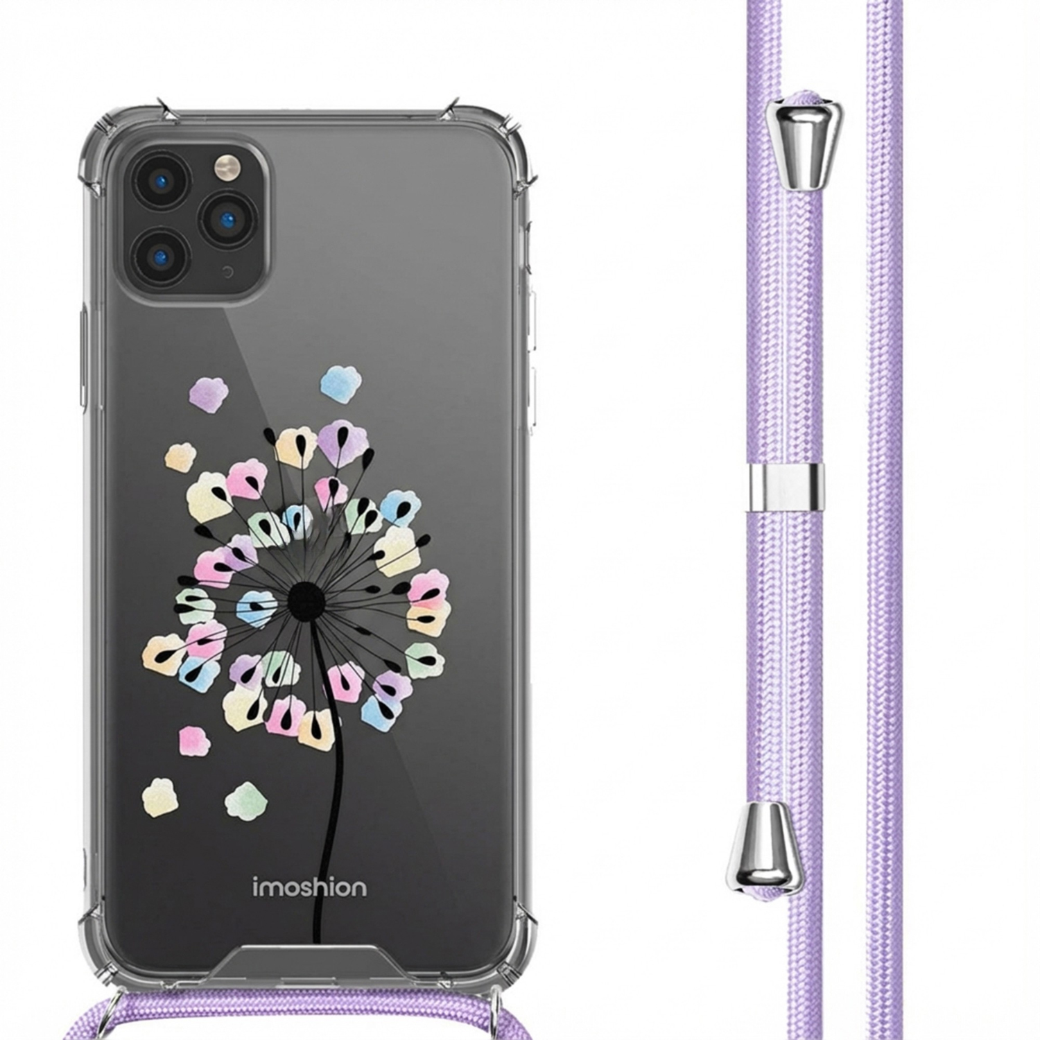 Custodia trasparente per telefono con laccetto viola e disegno tarassaco.
