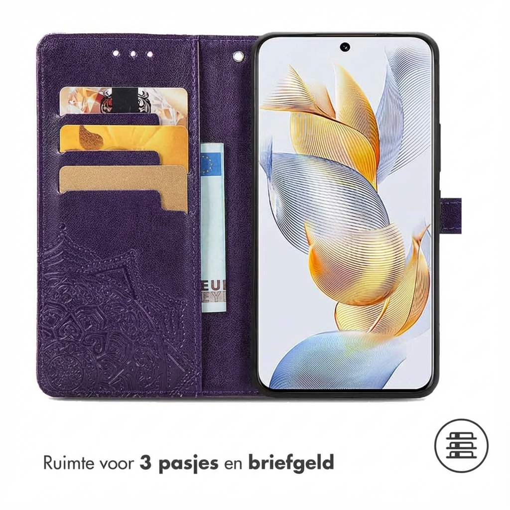 Custodia viola per telefono con slot per carte e tasca porta contanti. Mostra telefono con grafica astratta.