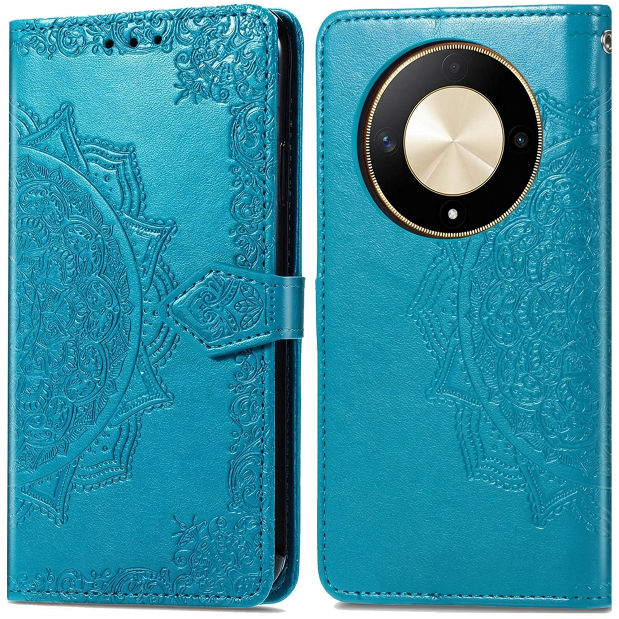 Étui de téléphone à rabat turquoise avec motif mandala en relief et découpe caméra.