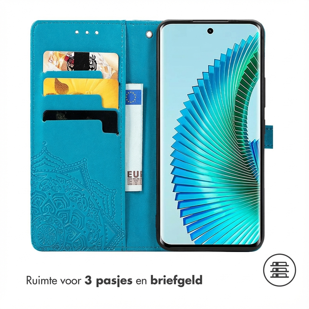 Portefeuille turquoise pour téléphone avec fentes pour cartes et compartiment à billets.
