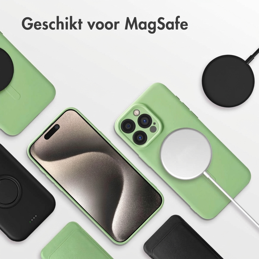 Groene iPhone-hoesjes met MagSafe-opladers en een iPhone. Tekst: "Geschikt voor MagSafe".