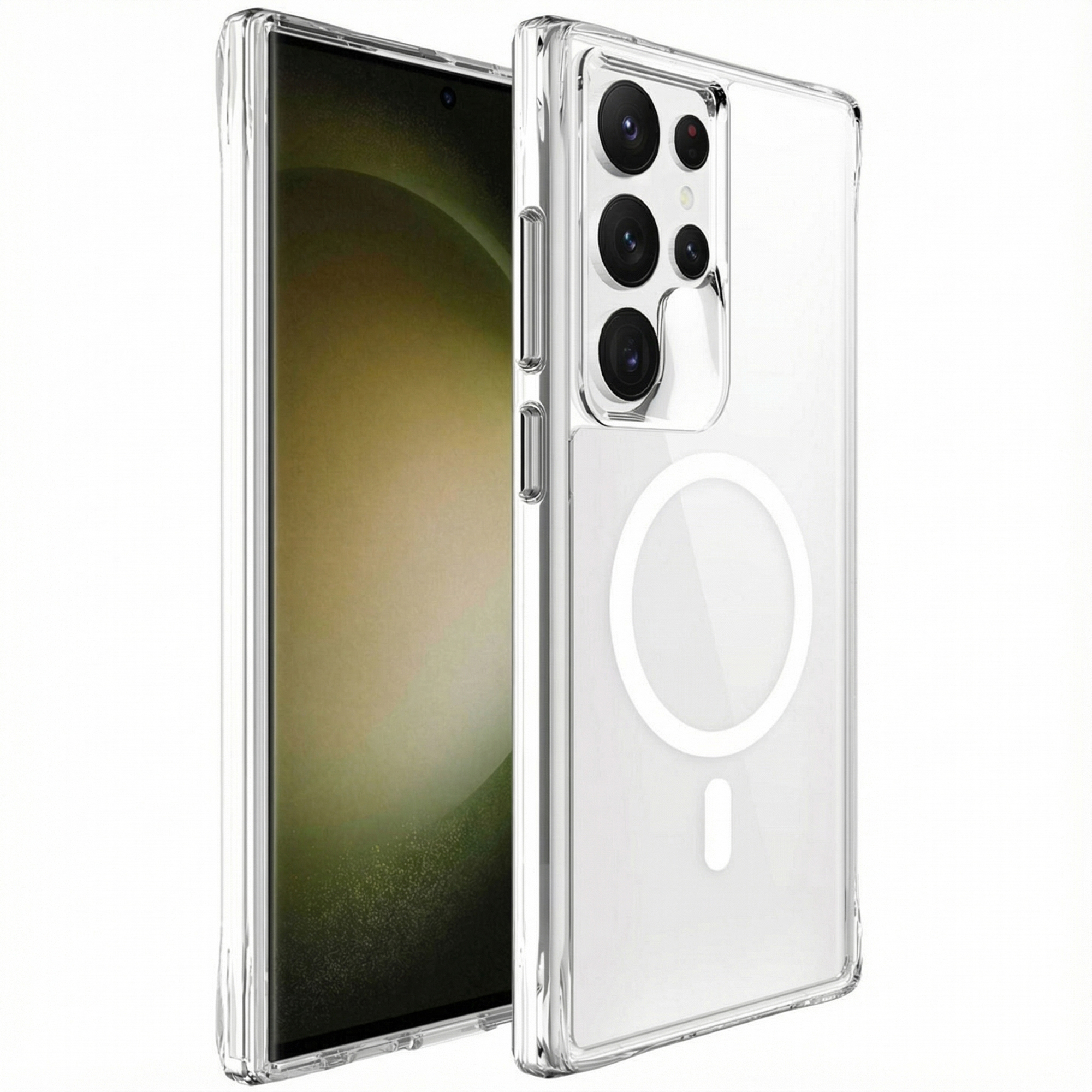 Doorzichtige hoes met magneetring op de achterkant van een smartphone.