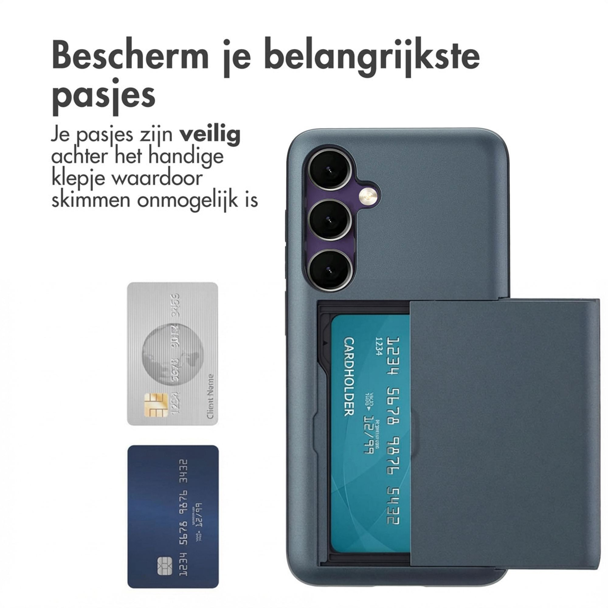 Een telefoonhoes met kaarthouder toont drie creditcards in landschap.