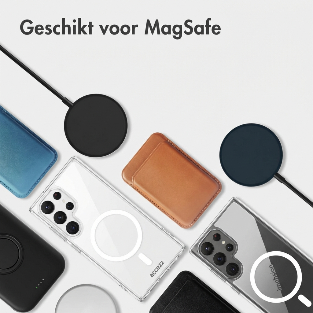 MagSafe-compatibele telefoonhoesjes en opladers in diverse kleuren.