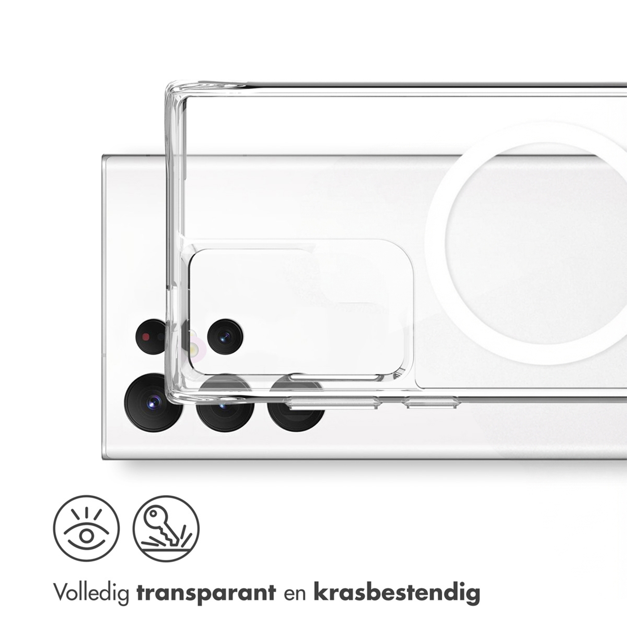 Een doorzichtige telefoonhoes beschermt een witte smartphone met camera's.